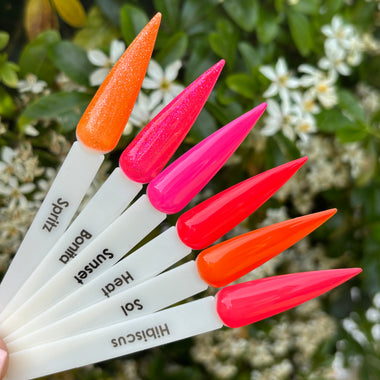 Colorful flower spires with labeled tips against a natural background