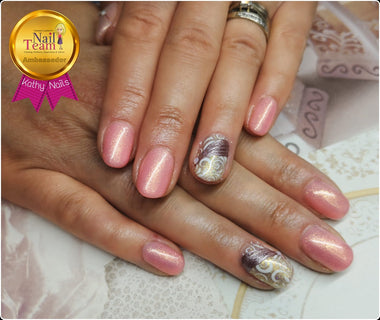 Pink, silver and gold swirl nail art using the Halo gel nail polish 'Pink Shimmer' 