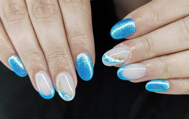 Professional blue nail design using the Halo gel polish shade 'Lagoon' 