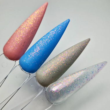 Different glitter gel colour swatches on nail shapes