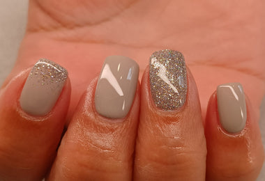 Glitter silver and taupe nail design using the Halo gel polish shade 'Magic'