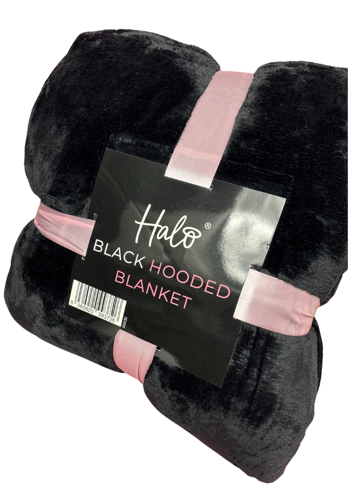 Black hooded blanket with pink straps and Halo label on a white background