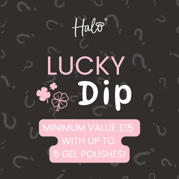 Promotional graphic for Halo Lucky Dip with pink text on a black background