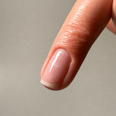 Close-up of a hand with a smooth, light pink nail on a neutral background