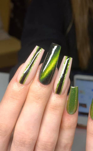 Customer submitted image of a green striped nail design using Halo gel polishes 'Elf'