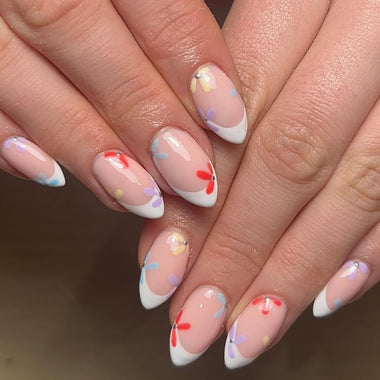 Nails with a floral design on a neutral background