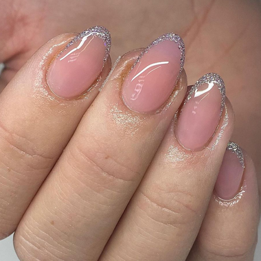 Pink and silver french tip nail design using the Halo gel polish shade 'Magic'