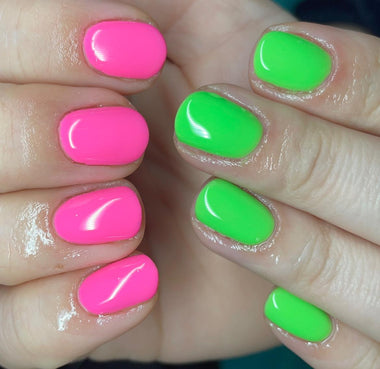 Pink and green nail set using the Halo gel polish in shade 'Neon Green' 