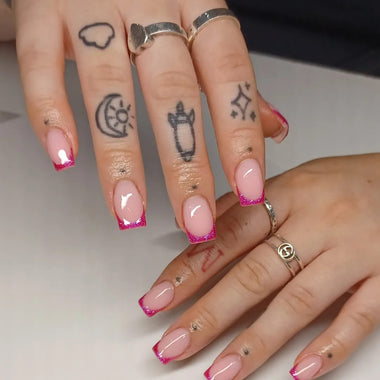 French tips painted on square nails using 'Cerise Sparkle' by Halo Gel Polish 