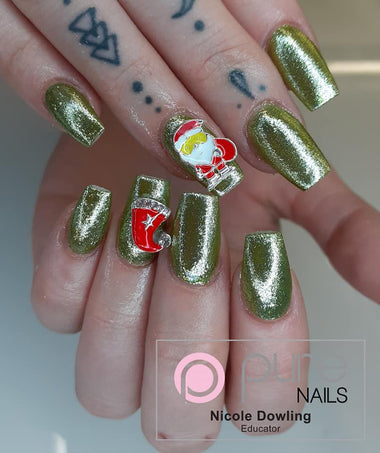 Green glitter nail design using Pure Nails' gel polish shade 'Elf'