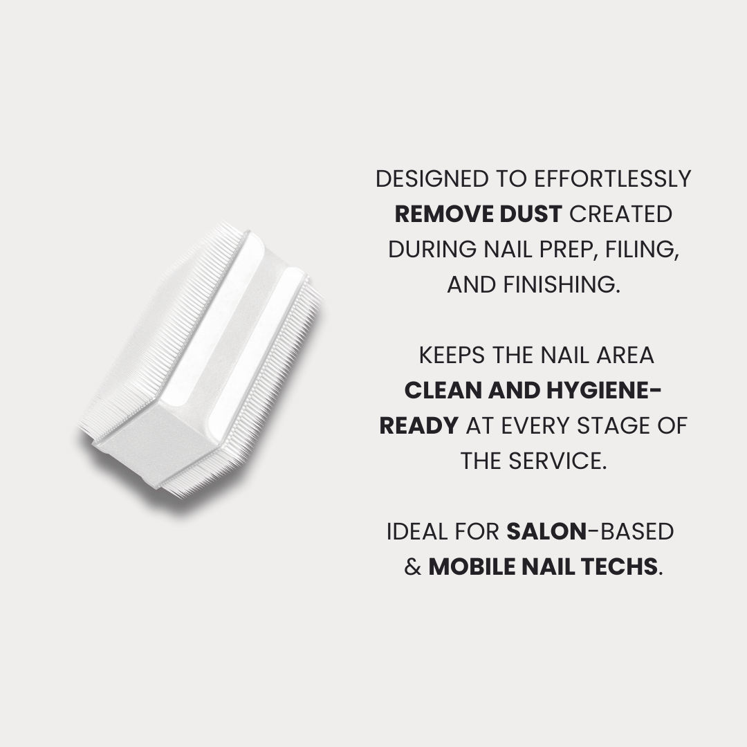 White comb on a light gray background with text about its use in nail care.