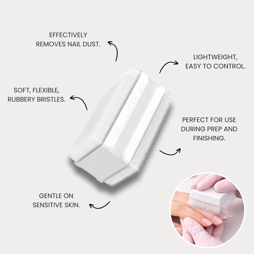 White comb with text describing its features on a light gray background
