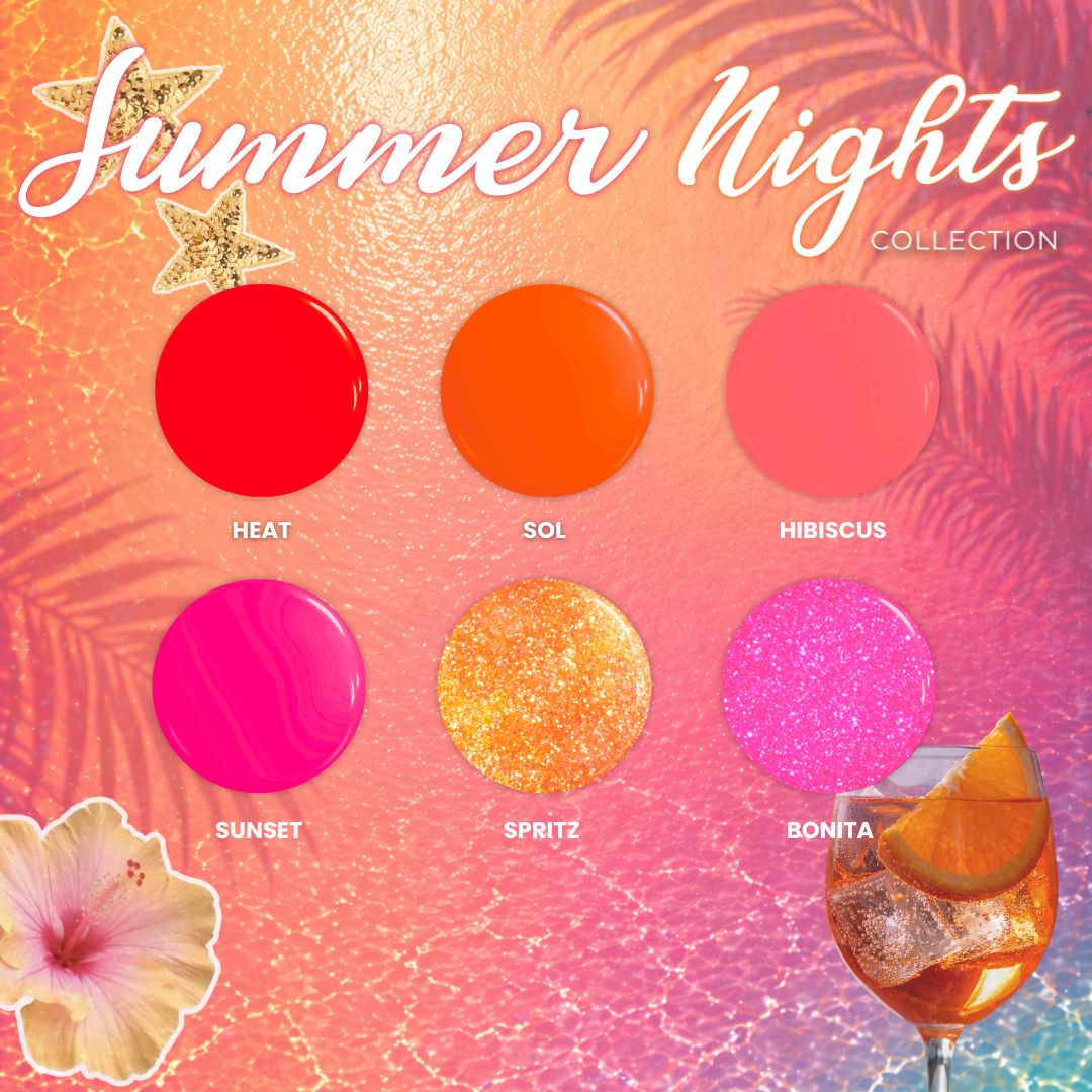 Makeup palette with six colors labeled 'Heat', 'Sol', 'Hibiscus', 'Sunset', 'Spritz', and 'Bonita' on a 'Summer Nights' collection background.